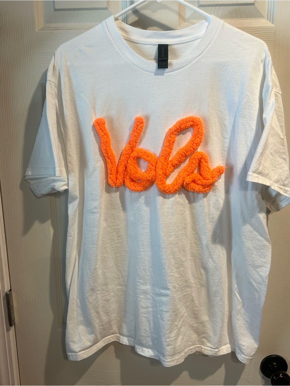 Gildan White Short-Sleeve Tee with Bright Orange 'Vols' Fuzzy Script